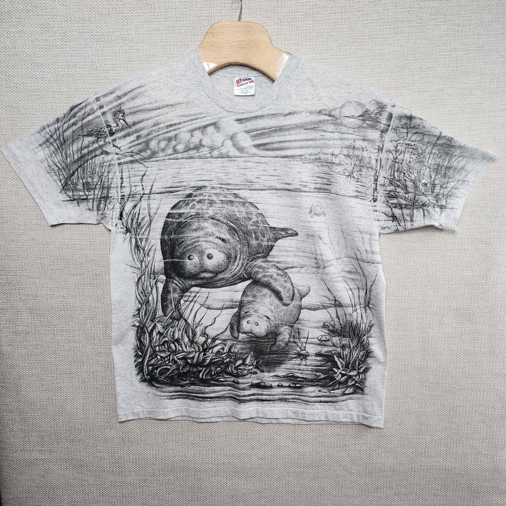 Vintage 90s Manatee All Over Print Shirt Men's XL Single Stitch Graphics Hanes